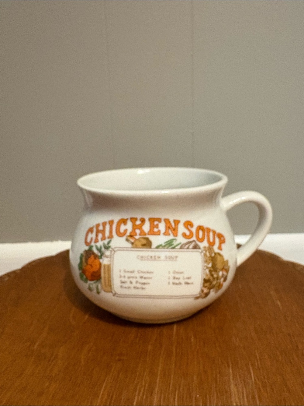 Chicken Soup Ceramic Mug in White with Orange Lettering MCM